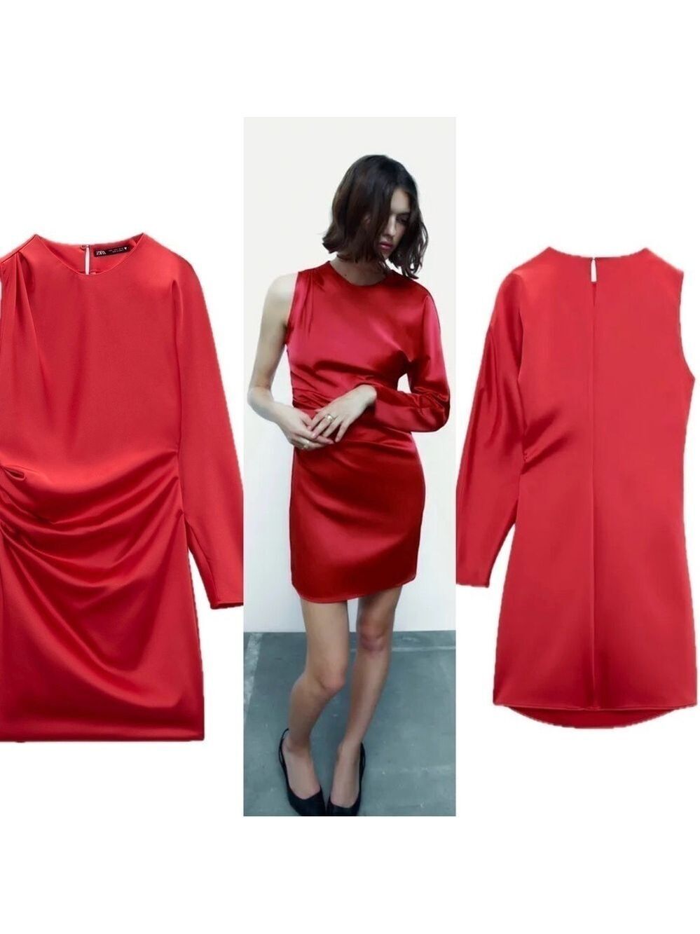 Zara red satin effect one sleeve asymetrical mini dress Sz L NWT